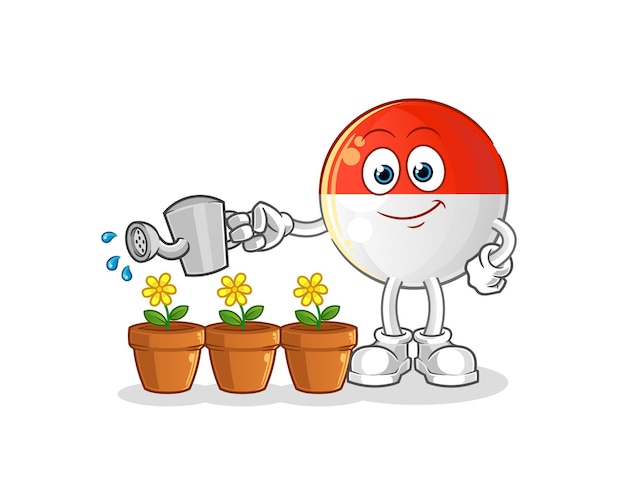 Indonesian flag watering the flowers mascot. cartoon vector