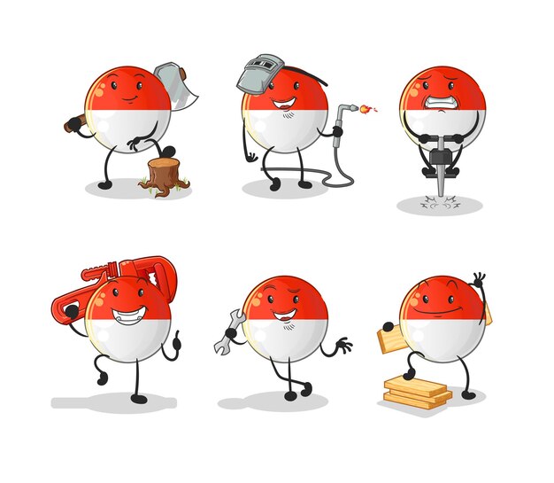 Indonesian flag worker set character. cartoon mascot vector