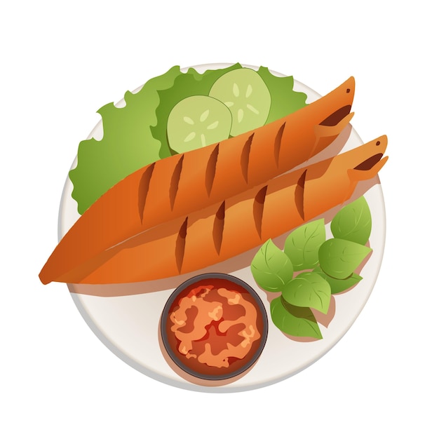 Индонезийская еда, цветная векторная иллюстрация, выделенная на белом фоне, Pecel Lele
