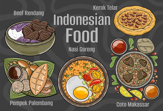 Indonesian food A set of classic dishes Cartoon hand drawn illustration