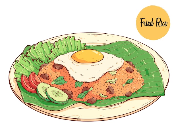 튀긴 계란 토핑과 야채 장식을 곁들인 인도네시아식 볶음밥. 맛있는 아시아 음식 벡터