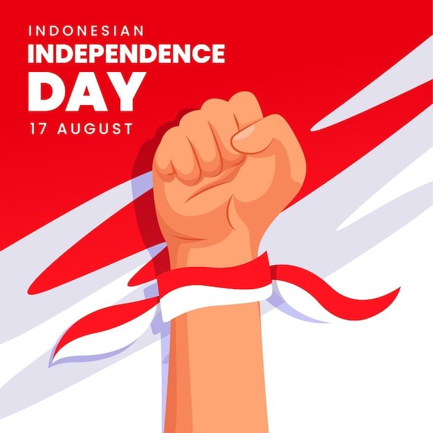 Indonesian independence day background design with hand grip logo sign of enthusiasm