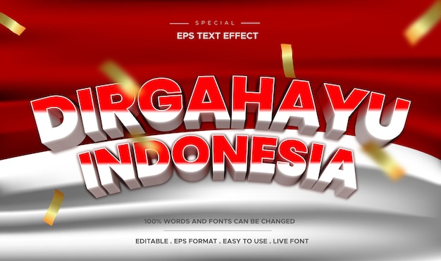 インドネシア独立記念日dirgahayuインドネシア共和国赤と白の旗3d編集可能なテキスト効果
