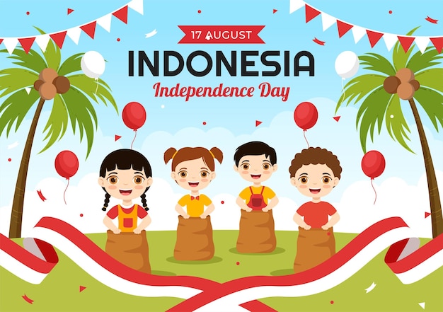indonesian independence day illustration on 17th august with kids doing traditional competition