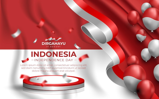 Indonesian Independence Day Landscape Banner Template with Realistic Balloon and Podium