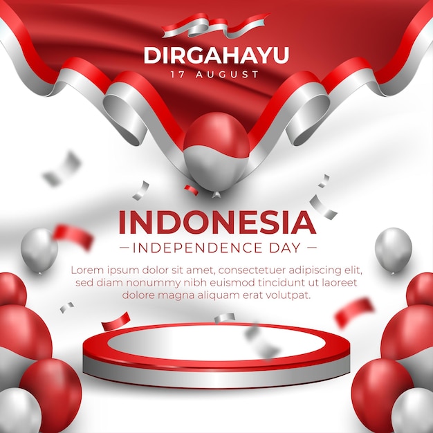 Indonesian Independence Day Social Media Flyer with Red and White Flag and Ribbon