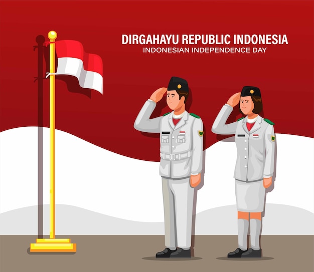 Vector indonesian independence day with flag raisers aka paskibraka in ceremony illustration cartoon vector