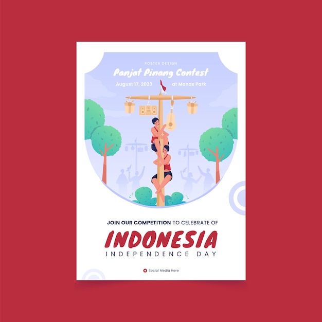 벡터 포스터 디자인에 장대 등반 대회 삽화가 포함된 인도네시아 독립 기념일