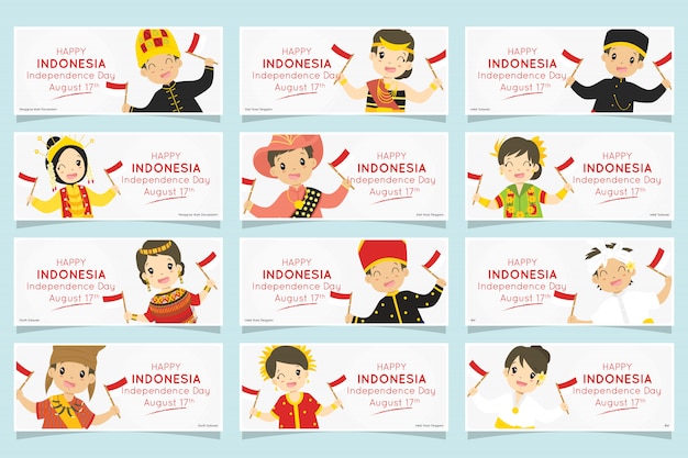 Indonesian kids in traditional dress. Indonesia independence day banner set