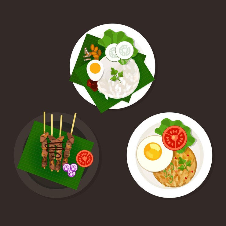 Vector indonesian malaysian food nasi goreng lemak sate