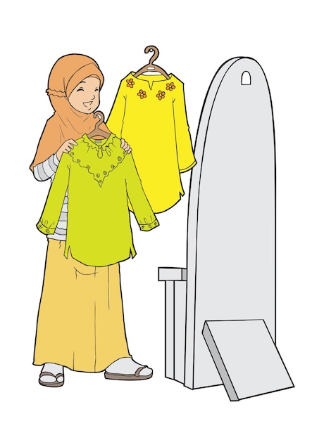 いくつかの服を試してインドネシアのイスラム教徒の少女