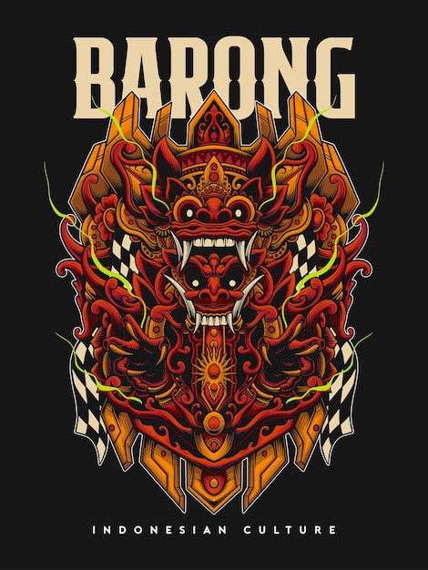 Demone mitologico indonesiano barong rangda maschera disegno vettoriale illustrazione