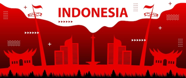 Vettore bandiera della festa nazionale indonesiana con ornamenti astratti geometrici completi di elementi della bandiera rossa e bianca monas e case tradizionali indonesiane