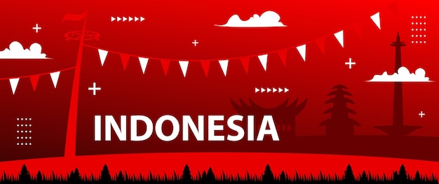 Indonesian national day banner with geometric abstract ornaments complete with elements of the red and white flag monas and Indonesian traditional houses