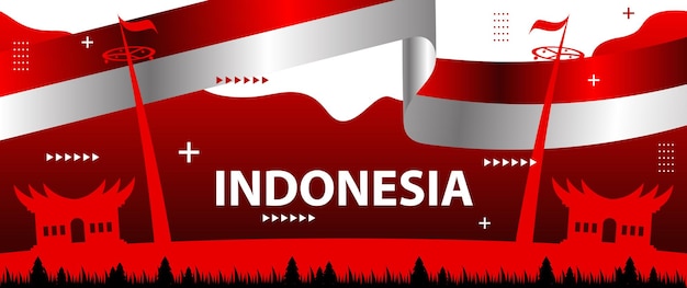Indonesian national day banner with geometric abstract ornaments complete with elements of the red and white flag monas and Indonesian traditional houses