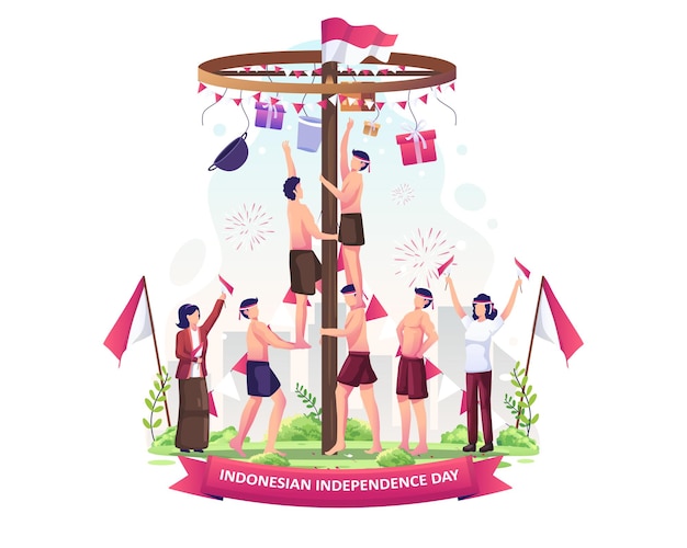 Indonesian people are pinang climbing to celebrate indonesias independence day illustration