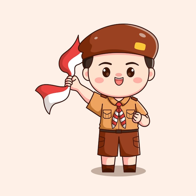 indonesian scout boy holding ribbon cute kawaii chibi character illustration