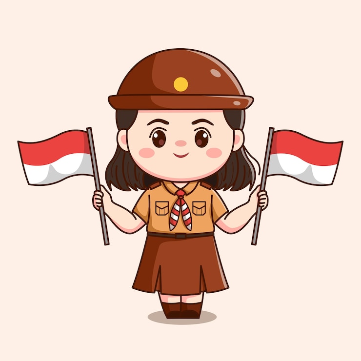 Vector インドネシアのスカウトの女の子が旗を掲げているかわいいカワイチビキャラクターイラスト