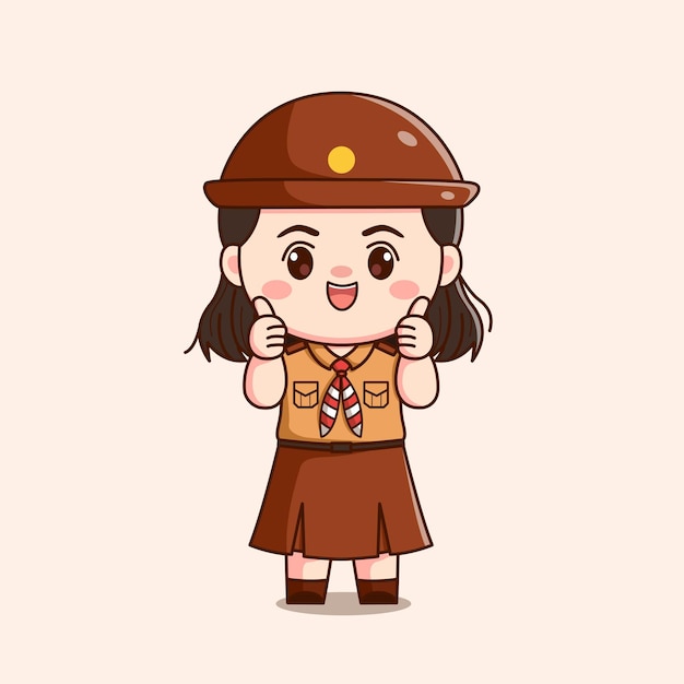 Vector indonesian scout girl thumbs up cute kawaii chibi character illustration