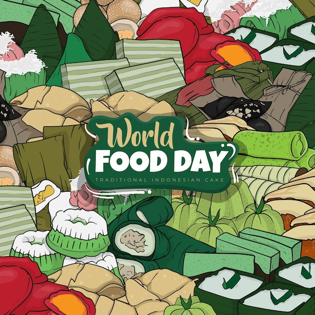 Vettore cibo di strada indonesiano in doodle art design per il modello di campagna della giornata mondiale dell'alimentazione