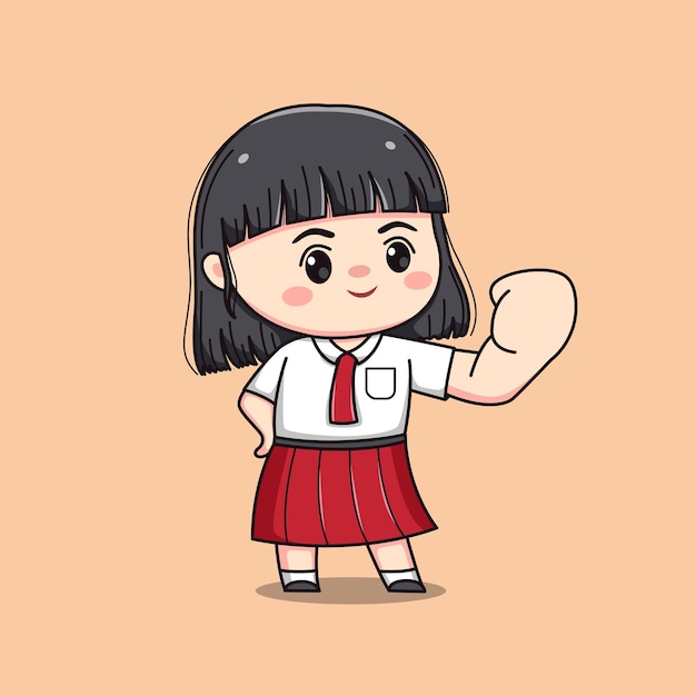 Indonesian student elementary school feeling proud cute kawaii girl character