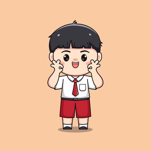 Indonesian student elementary school with ok sign cute kawaii boy character