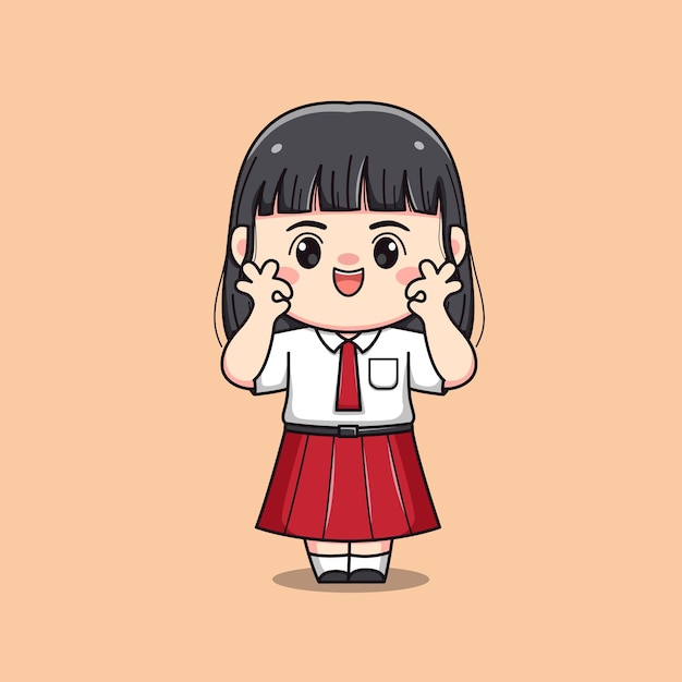 Vector indonesian student elementary school with ok sign cute kawaii girl character