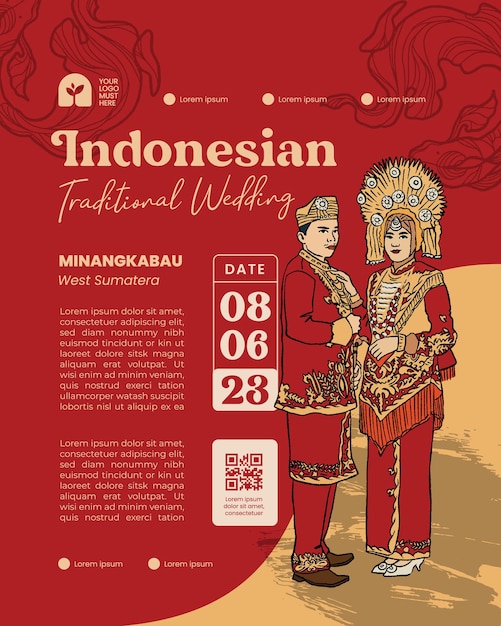 Indonesian Wedding Event Banner in Minangkabau Sumatera Hand Drawn Illustration