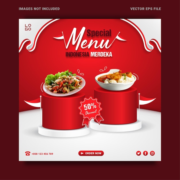 Modello di banner di promozione del menu di cibo speciale per il giorno dell'indipendenza dell'indonesia