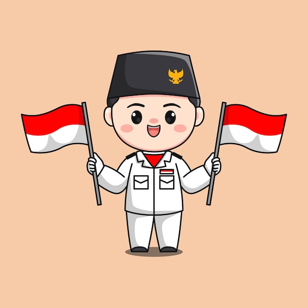 Indonesië onafhankelijkheidsdag vlag raiser mannelijk karakter chibi kawaii platte cartoon illustratie