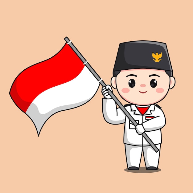 Indonesië onafhankelijkheidsdag vlag raiser mannelijk karakter chibi kawaii platte cartoon illustratie