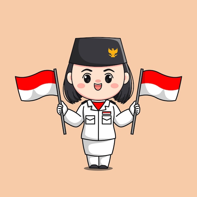 Indonesië onafhankelijkheidsdag vlag raiser vrouwelijk karakter chibi kawaii platte cartoon illustratie