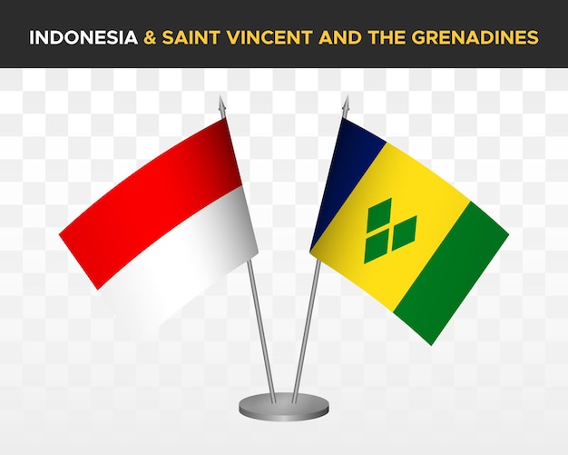 Indonesië vs saint vincent grenadines bureau vlaggen mockup geïsoleerde 3d vector illustratie tafel vlaggen