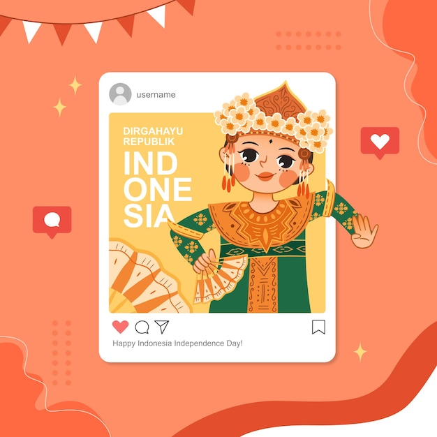 Vector indonesisch karakter in traditionele klederdracht viert instagram de onafhankelijkheidsdag van indonesië