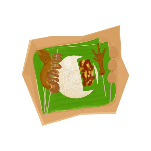 Indonesisch straatvoedsel illustratie Logo Nasi Kucing Angkringan met verschillende bijgerechten