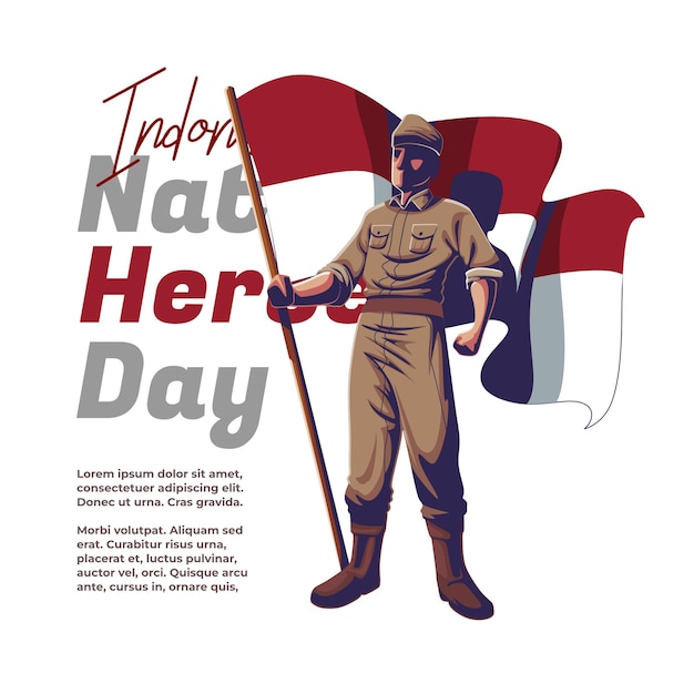 Indonesische Heldendag-illustratie van een soldaat die een vlag vasthoudt
