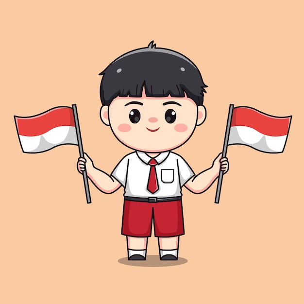 Indonesische student basisschool met vlag schattig kawaii jongen karakter