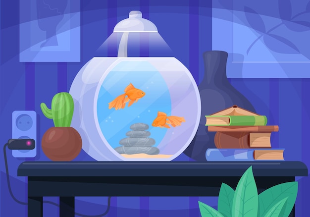 Vector indoor aquarium cartoon room interior with fish pet tank under lamp on table acquariam drawer for small sea fishes lighting furniture decoration neat vector illustration of aquarium interior fish