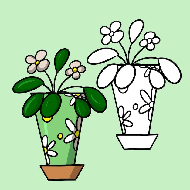 Комнатное растение в зеленом горшке с рисунком цветка сенполии с белыми цветами мультяшный вектор
