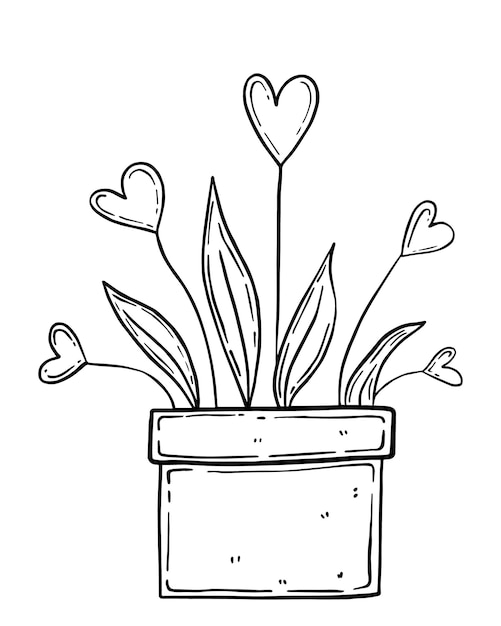 Vaso per piante da interno con fiori a forma di cuore e foglie doodle lineare