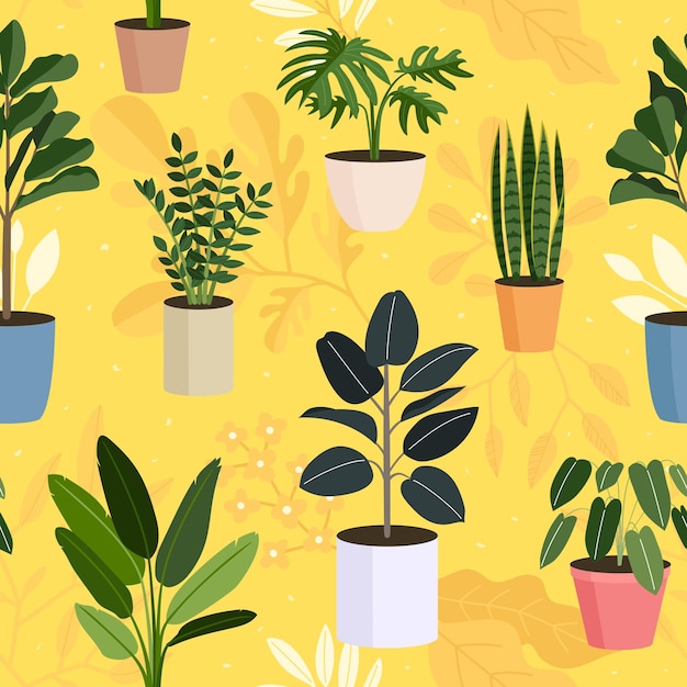 Vector indoor plants, potted plants seamless pattern