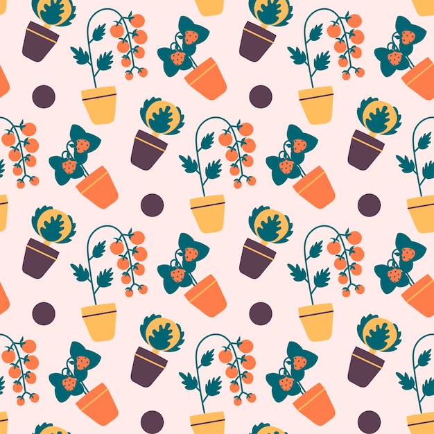 Indoor potted vegetables and berries seamless pattern