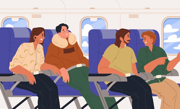 Vector indoor view of airplane journey plane trip vector illustration of passengers in flight cabin