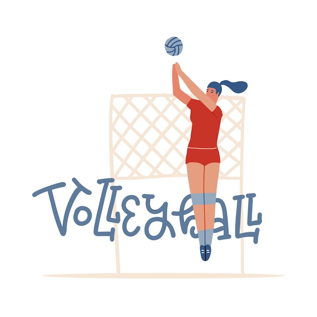 Vector indoor volleybal banner met typografie vrouw spelen met bal en netto gezonde levensstijl activiteit...