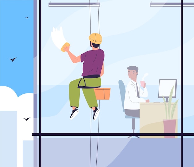 Industrial alpinists clean window Climber cleaner worker hanging height on safety cable wash windows skyscraper facade office building cleaning service classy vector illustration