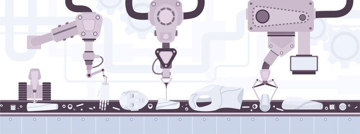 Vector industrial belt conveyor conveying body parts of robot with human appearance