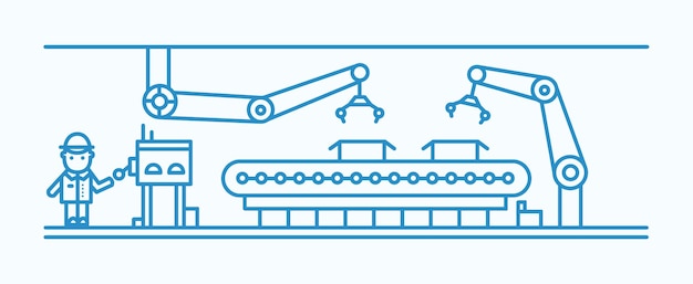 ボックスを運ぶロボットアームと製造工場の労働者を備えた産業用ベルトコンベヤー