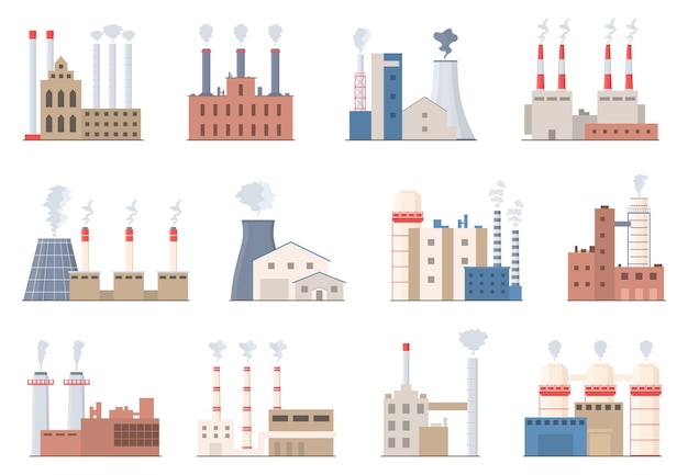 Industrial building. factory chimney with smoke. colored industrial pipes in flat style. environmental pollution. toxic factory smoke. smokestack vector illustration.