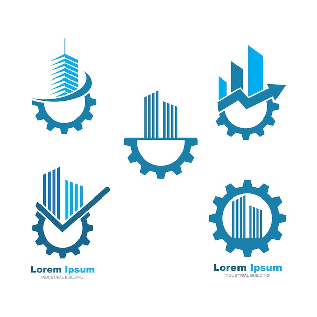 Disegno vettoriale dell'icona del logo dell'ingranaggio dell'edificio industriale