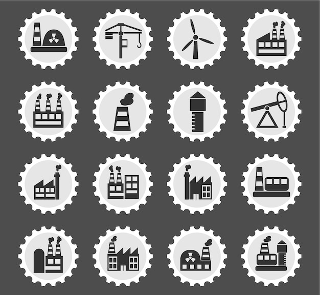 Industrial building icons on stylized round postage stamps